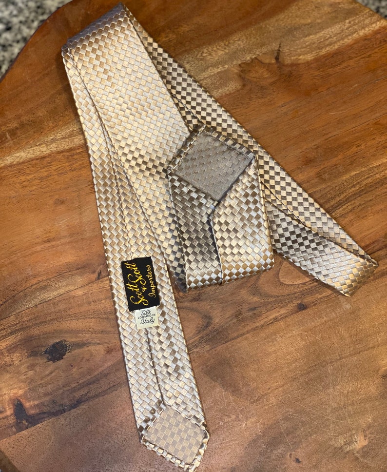 1960s Vintage Silk Tie Gold Jacquard weave by Scott & Scott Loomed in Italy Untipped, 52 inches long Great condition image 7