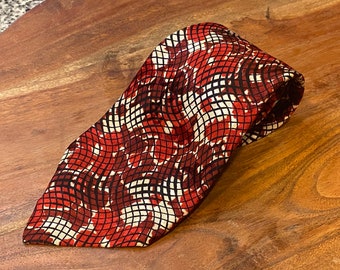 Vintage 1940s Silk Damask Necktie by Nat Lewis New York- 40s Red,  Maroon, Ivory Floral pattern with Black criss cross overlay