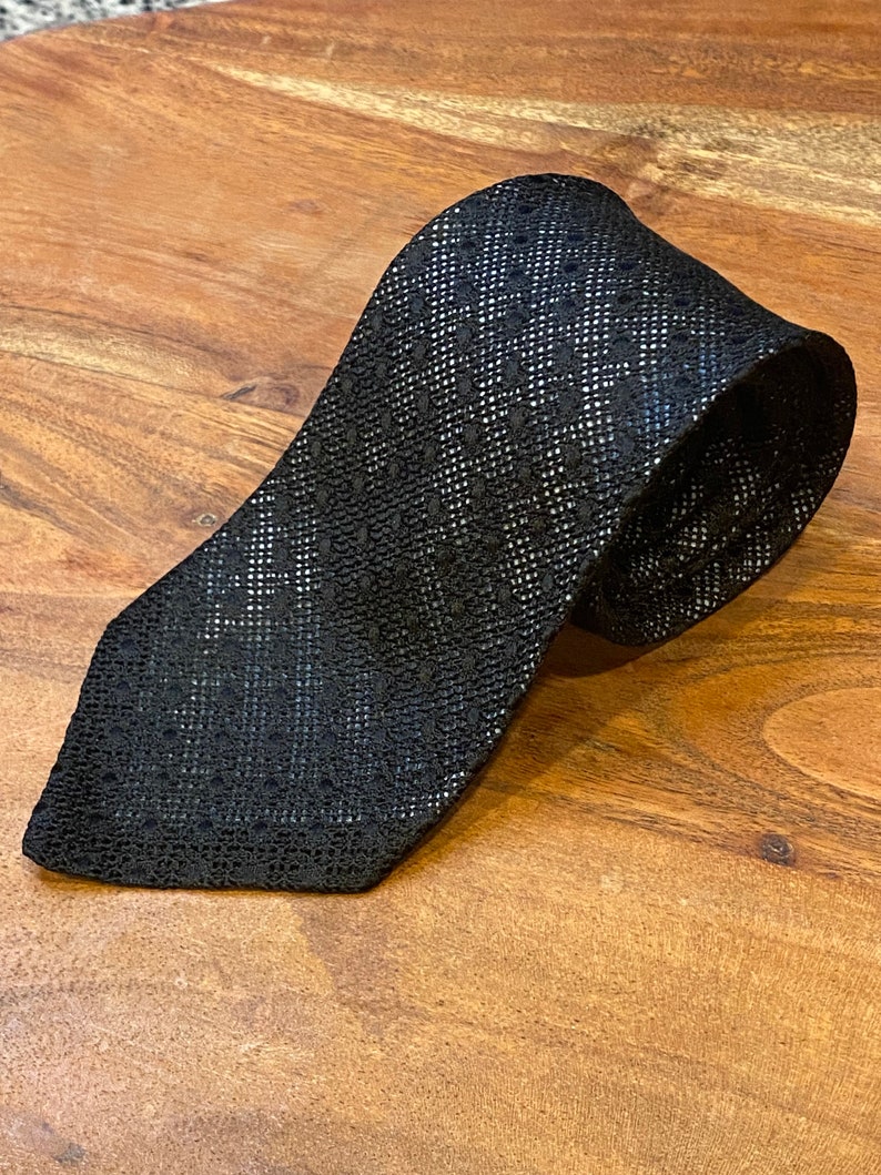 Vintage Cerruti CXII Black Silk Knit Grenadine tie 55 inches length and 3 inches wide Illusions style with silver blue lining image 1