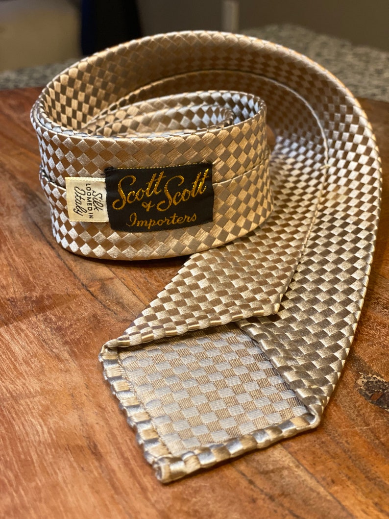 1960s Vintage Silk Tie Gold Jacquard weave by Scott & Scott Loomed in Italy Untipped, 52 inches long Great condition image 10