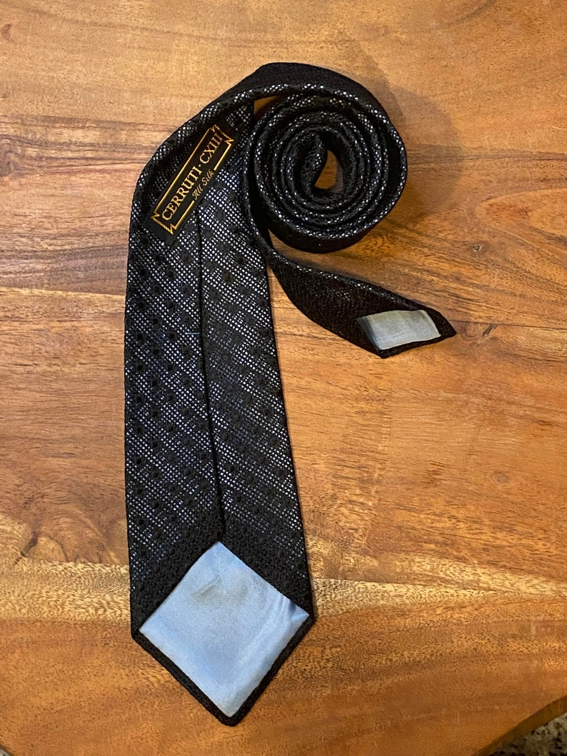 Vintage Cerruti CXII Black Silk Knit Grenadine tie 55 inches length and 3 inches wide Illusions style with silver blue lining image 6