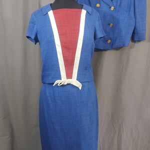 1960s Miller and Levine vintage Blue 3 piece summer suit, skirt, bolero jacket and top in blue, red and white trim with bow. image 2