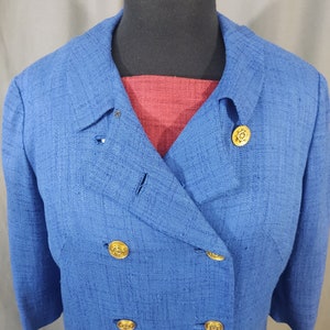 1960s Miller and Levine vintage Blue 3 piece summer suit, skirt, bolero jacket and top in blue, red and white trim with bow. image 5