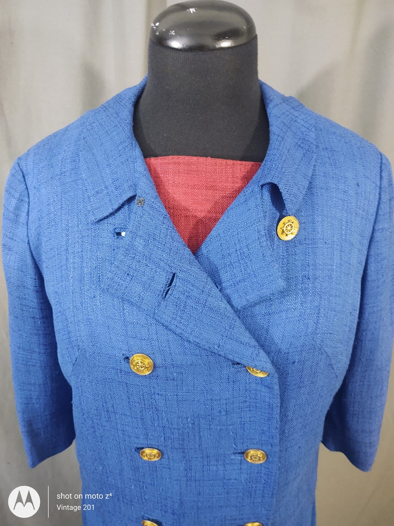 1960s Miller and Levine vintage Blue 3 piece summer suit, skirt, bolero jacket and top in blue, red and white trim with bow. image 5