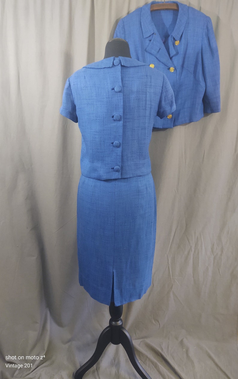 1960s Miller and Levine vintage Blue 3 piece summer suit, skirt, bolero jacket and top in blue, red and white trim with bow. image 9