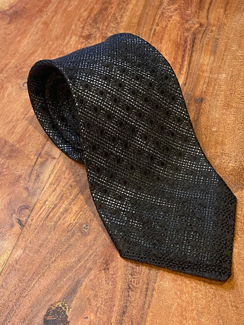 Vintage Cerruti CXII Black Silk Knit Grenadine tie 55 inches length and 3 inches wide Illusions style with silver blue lining image 2