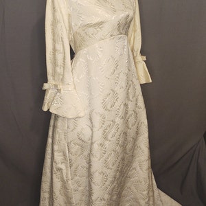 Vintage 1960s Alfred Angelo Ivory Wedding Gown Designed by Edythe Vincent Ivory Damask with Bell Cuffs Pearl embellishments image 2