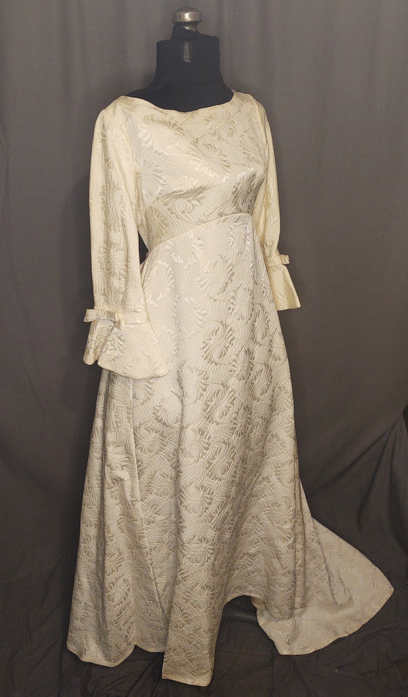 Vintage 1960s Alfred Angelo Ivory Wedding Gown Designed by Edythe Vincent Ivory Damask with Bell Cuffs Pearl embellishments image 2