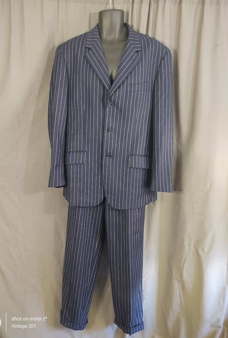Vintage Cheap and Chic by Moschino wool navy chalk strip suit from the 1990s image 1