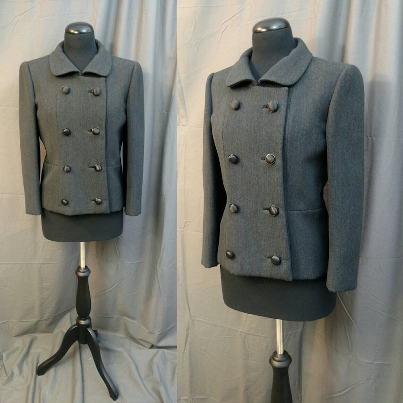 1950s Vintage Wool Ben Zuckerman New York Coat for B. Altman 50s Double Breasted Cropped Peacoat in Gray wool Size 6 Women's image 1