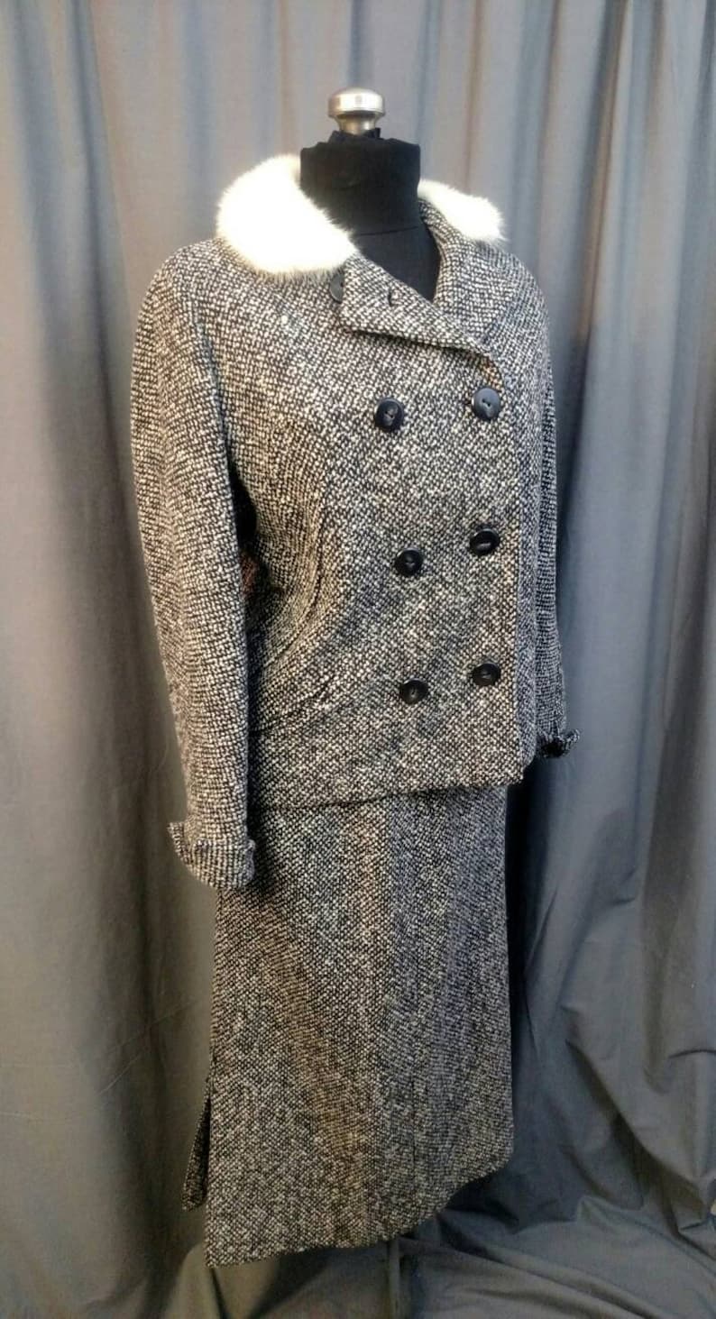 Dan Millstein Wool Tweed Skirt Suit with White Mink Trim Collar image 4