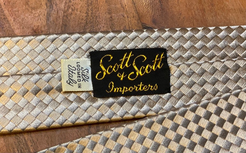 1960s Vintage Silk Tie Gold Jacquard weave by Scott & Scott Loomed in Italy Untipped, 52 inches long Great condition image 5