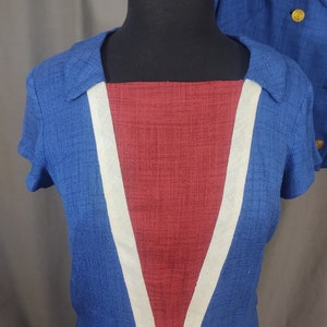 1960s Miller and Levine vintage Blue 3 piece summer suit, skirt, bolero jacket and top in blue, red and white trim with bow. image 7