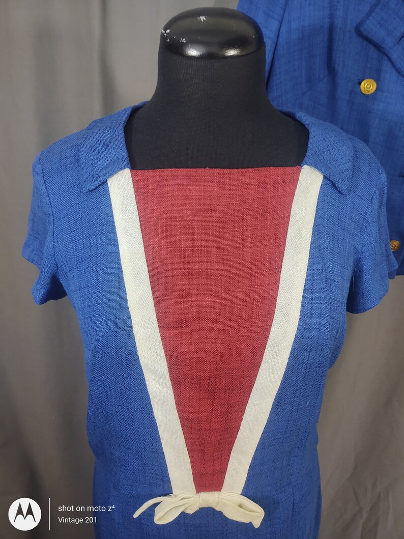 1960s Miller and Levine vintage Blue 3 piece summer suit, skirt, bolero jacket and top in blue, red and white trim with bow. image 7