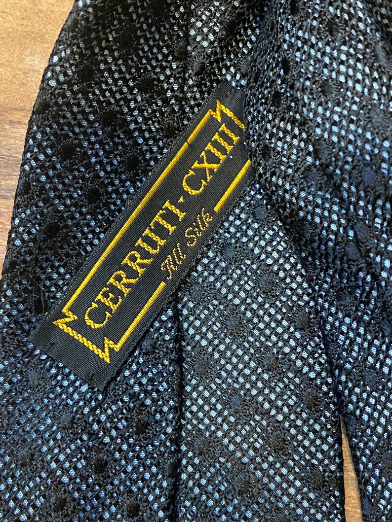 Vintage Cerruti CXII Black Silk Knit Grenadine tie 55 inches length and 3 inches wide Illusions style with silver blue lining image 8