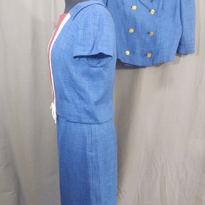 1960s Miller and Levine vintage Blue 3 piece summer suit, skirt, bolero jacket and top in blue, red and white trim with bow. image 4