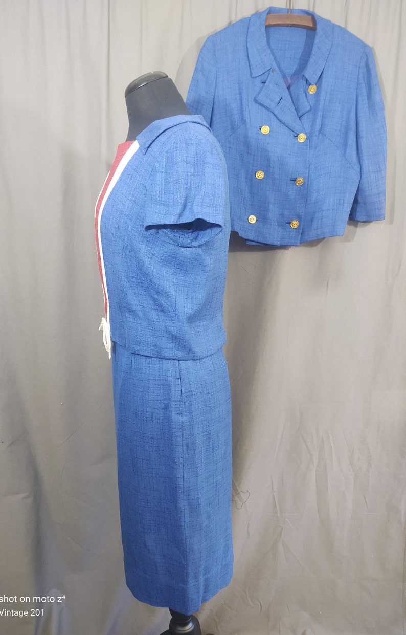 1960s Miller and Levine vintage Blue 3 piece summer suit, skirt, bolero jacket and top in blue, red and white trim with bow. image 4