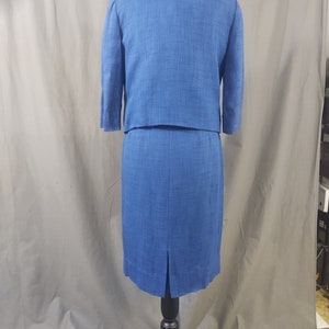 1960s Miller and Levine vintage Blue 3 piece summer suit, skirt, bolero jacket and top in blue, red and white trim with bow. image 10