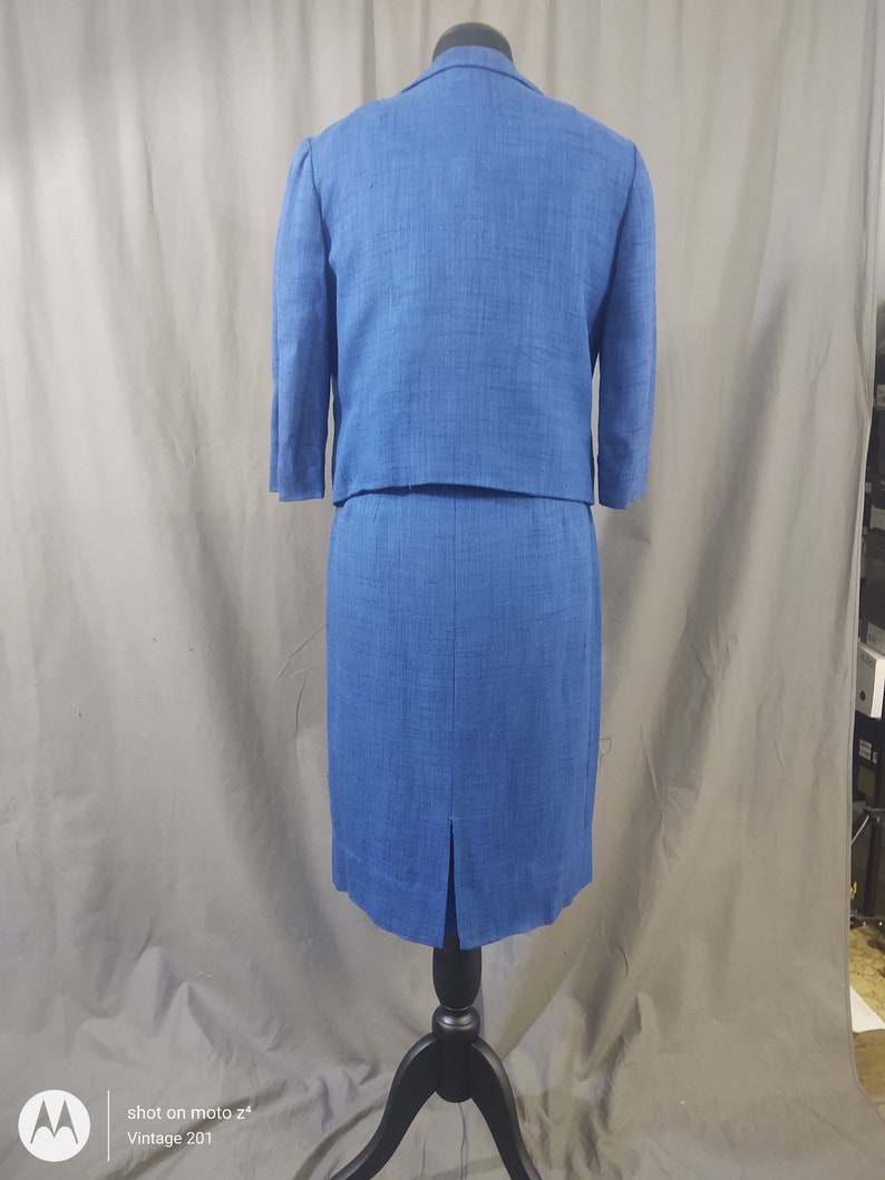 1960s Miller and Levine vintage Blue 3 piece summer suit, skirt, bolero jacket and top in blue, red and white trim with bow. image 10