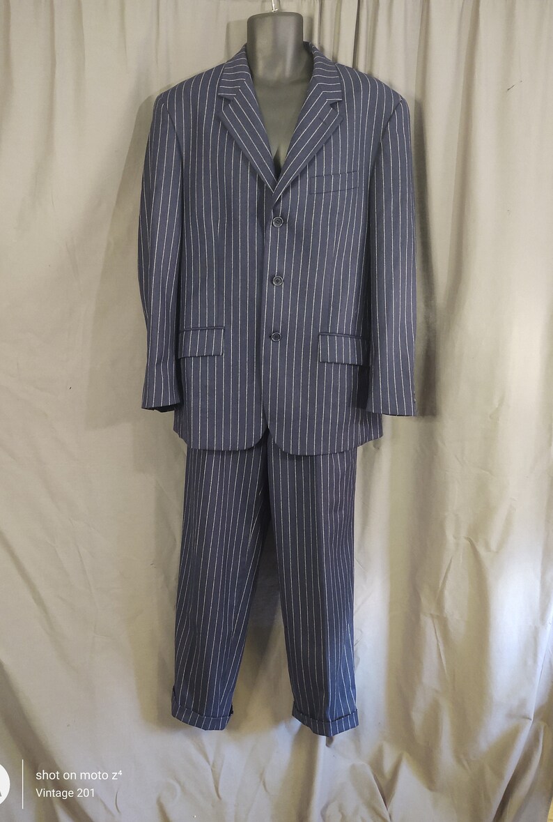 Vintage Cheap and Chic by Moschino wool navy chalk strip suit from the 1990s image 3
