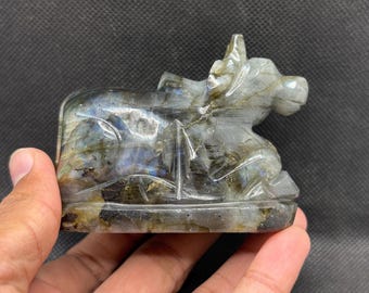 Natural Labradorite Nandi Carving ~ Crystal Shiva Nandi Bull Statue for Home Temple ~ 292 Grams , 3.5"