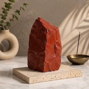 May include: A large, raw piece of deep red jasper stone with a faceted, textured surface. The stone is positioned upright on a rectangular, porous beige travertine stone base, creating a solid and natural decorative display piece.