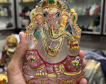 Clear Quartz Crystal Ganesha Statue, Hand Painted Enamel, 5.51"