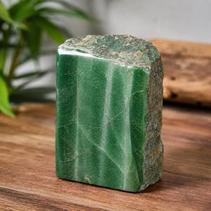 Pode incluir: Um bloco retangular de pedra aventurina verde com uma face frontal polida e lisa com estrias verticais subtis e uma textura natural rugosa e não polida que contrasta no lado direito e na borda superior do espécimen mineral.