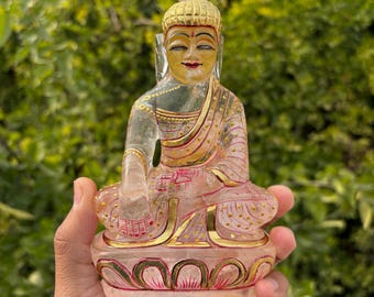 Huge !! Clear Quartz Crystal Painted Buddha Statue ~ Gemstone Gautam Buddha Carving With Multiple Rainbows  ~ 701 Grams , 6.3"