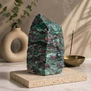 May include: A raw, upright mineral specimen featuring a mottled texture with deep forest green and vibrant magenta-red crystalline inclusions. The stone has a jagged, natural edge and sits on a flat, rectangular, porous beige stone base.