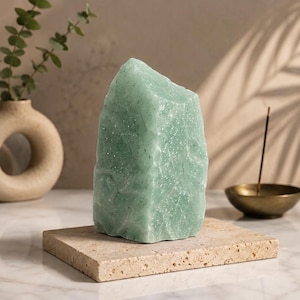 Pode incluir: Uma pedra de cristal de aventurina verde-claro bruta com uma textura cristalina irregular e inclusões brilhantes, posicionada verticalmente sobre uma base retangular de pedra travertino bege porosa com superfície plana.