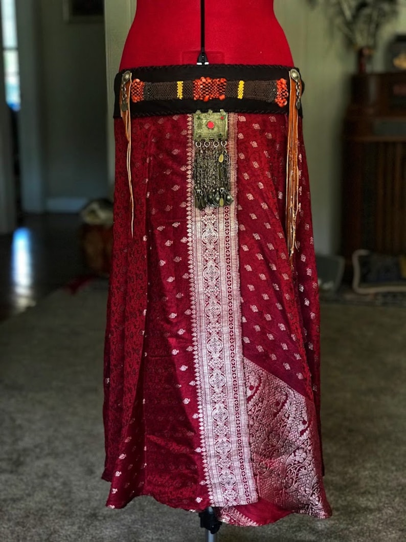 Fire Dancer Handmade Silk Sari from India wrap skirt with a handmade leather belt with weave loom turkoman pendant