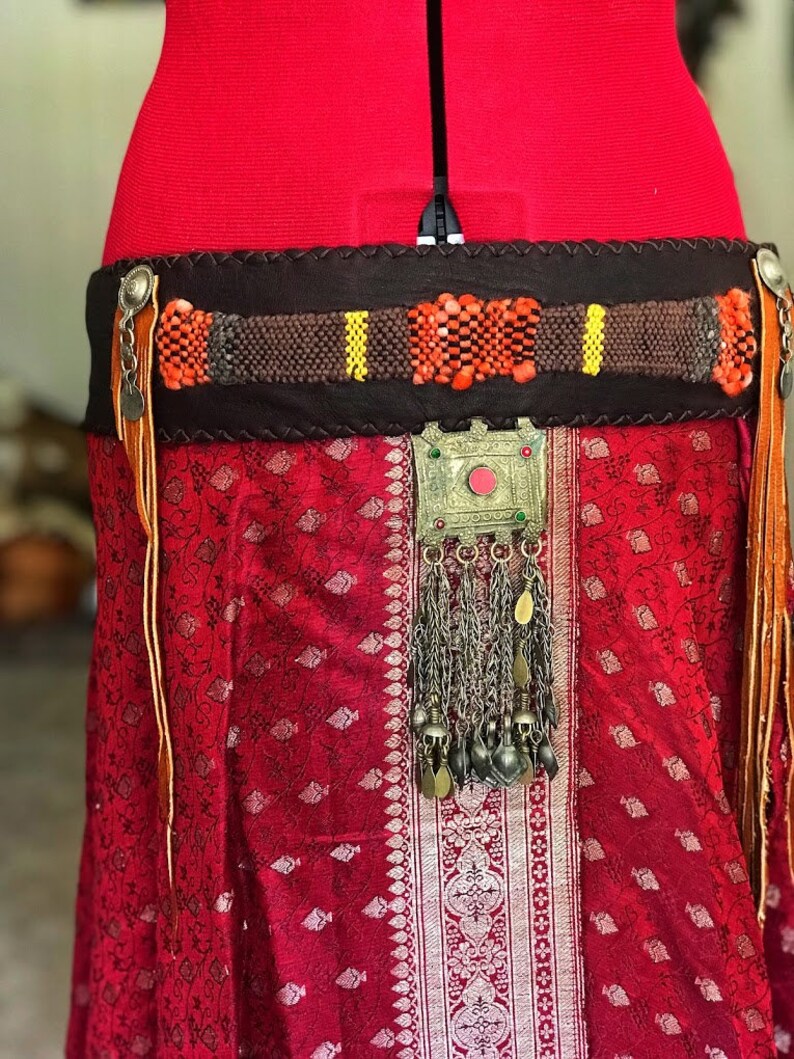 Fire Dancer Handmade Silk Sari from India wrap skirt with a handmade leather belt with weave loom turkoman pendant
