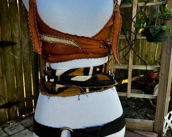 Rooted transcendence Medium Brown leather bust harness waist wrap mud cloth