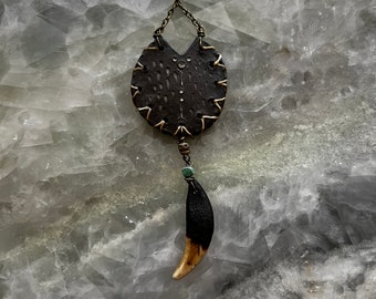 SINGLE Handmade tribal primitive Clay dangle earrings with antique charms medallions teeth bones