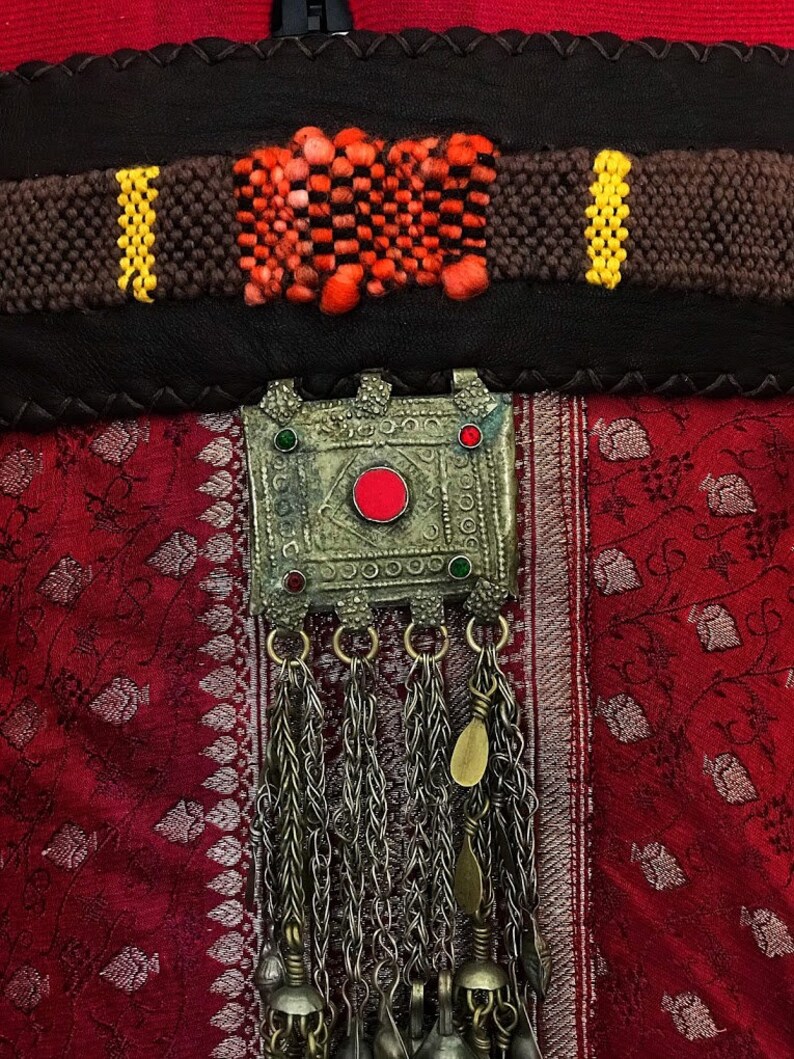 Fire Dancer Handmade Silk Sari from India wrap skirt with a handmade leather belt with weave loom turkoman pendant