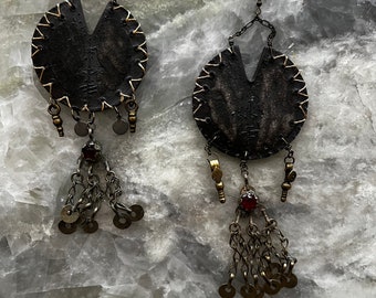 Handmade tribal primitive Clay dangle earrings with antique charms medallions teeth bones