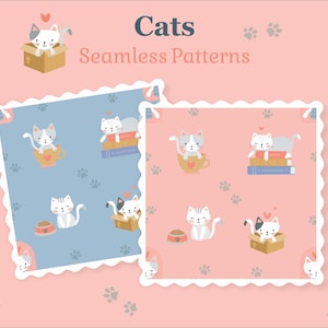 Pode incluir: Duas amostras quadradas com um padrão contínuo de gatos de desenho animado em fundos azul e rosa. Os gatos são retratados sentados em xícaras, descansando sobre livros ou dentro de caixas, com pequenas tigelas e pegadas espalhadas.