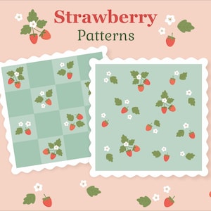 Pode incluir: Dois gráficos digitais quadrados com bordas brancas recortadas sobre um fundo rosa claro. O texto Strawberry Patterns está centralizado no topo. Um gráfico apresenta um padrão de xadrez verde sálvia com morangos vermelhos e flores brancas.