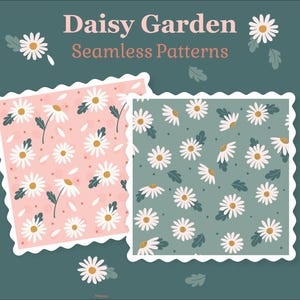 Pode incluir: Dois gráficos digitais quadrados com o texto Daisy Garden Seamless Patterns. Um quadrado tem um fundo rosa claro com margaridas brancas e folhas verde-escuras. O outro quadrado tem um fundo verde-azulado escuro com o mesmo motivo floral.