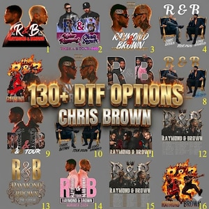 May include: A collection of DTF (Direct to Film) transfer designs featuring the R&B artists Chris Brown and Usher. The designs include text such as "Raymond & Brown", "The R&B Tour 2026", and "Summer 2026".