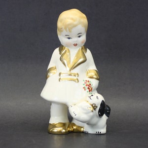 Vintage Ceramic Boy With White Dog WIth Black Ears (E1875)