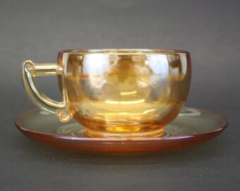 Vintage Peach Lustre Clear Glass Cup & Saucer (E6297)
