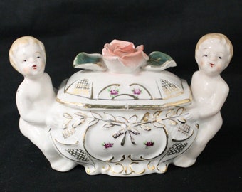 Vintage Porcelain Cherub Trinket Box with Pink Rose Knob and Gold Details (V985)