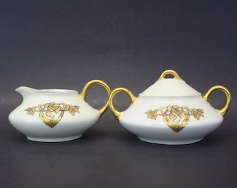 Vintage German 1930’s Art Nouveau Porcelain Gold Rose Cream & Sugar Set with Lid (E3218)