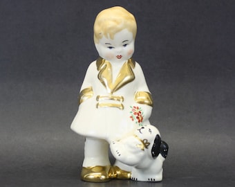 Vintage Ceramic Boy w/White Dog w/Black Ears (E1875)