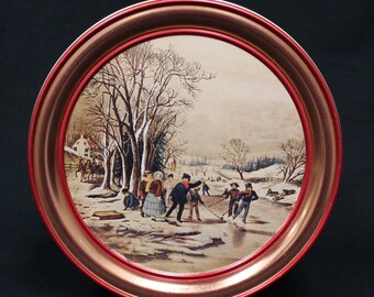 Vintage Winter Past time Carrier & Ives Tin Round (V2874)