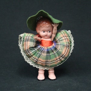 Vintage Small Celluloid Doll with Plaid Skirt and Scottish Bonnet (V4941)