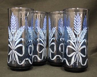 Vintage Dark Blue Glass Glasses with Wheat, Set of 4 (V1226)