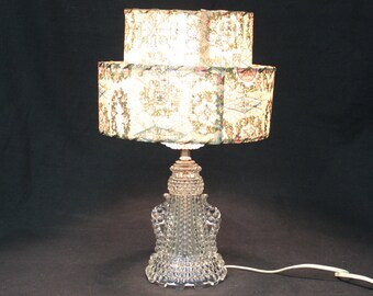 Vintage Clear Glass Table Lamp with Floral 2-Tier Fiberglass Shade (V3656)